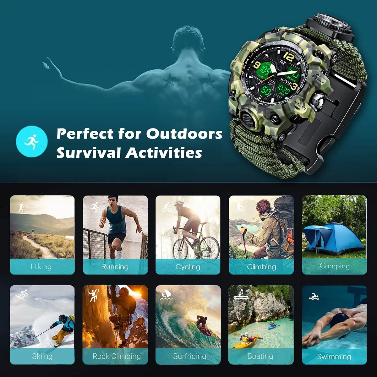 Kavie Men's Tactical Military Digital Watch 45mm (1.77in) | 23-in-1 Survival Multi-Functional Outdoor Waterproof Camouflage Sports Watch - view 5