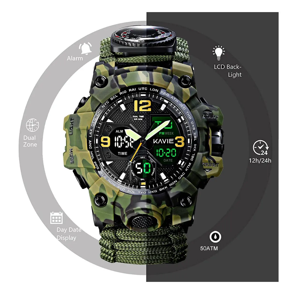 Kavie Men's Tactical Military Digital Watch 45mm (1.77in) | 23-in-1 Survival Multi-Functional Outdoor Waterproof Camouflage Sports Watch - view 2