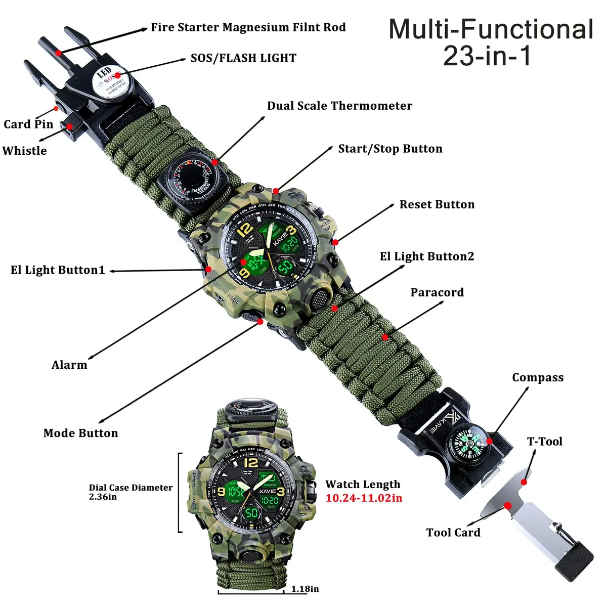Kavie Men's Tactical Military Digital Watch 45mm (1.77in) | 23-in-1 Survival Multi-Functional Outdoor Waterproof Camouflage Sports Watch - view 3