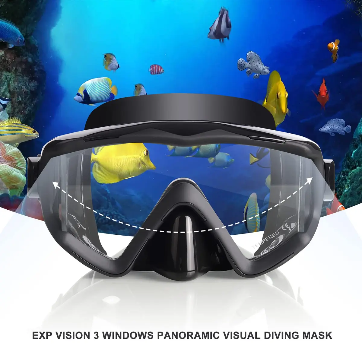 EXP VISION Pano 3 Window Scuba Diving Mask, Tempered Glass Snorkel Mask 280g (9.87 oz) | Wide View Anti-Fog Swim Mask - view 2