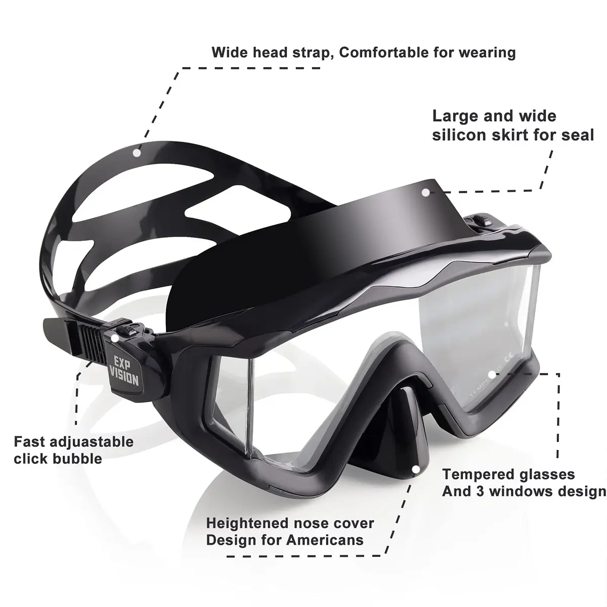 EXP VISION Pano 3 Window Scuba Diving Mask, Tempered Glass Snorkel Mask 280g (9.87 oz) | Wide View Anti-Fog Swim Mask - view 3