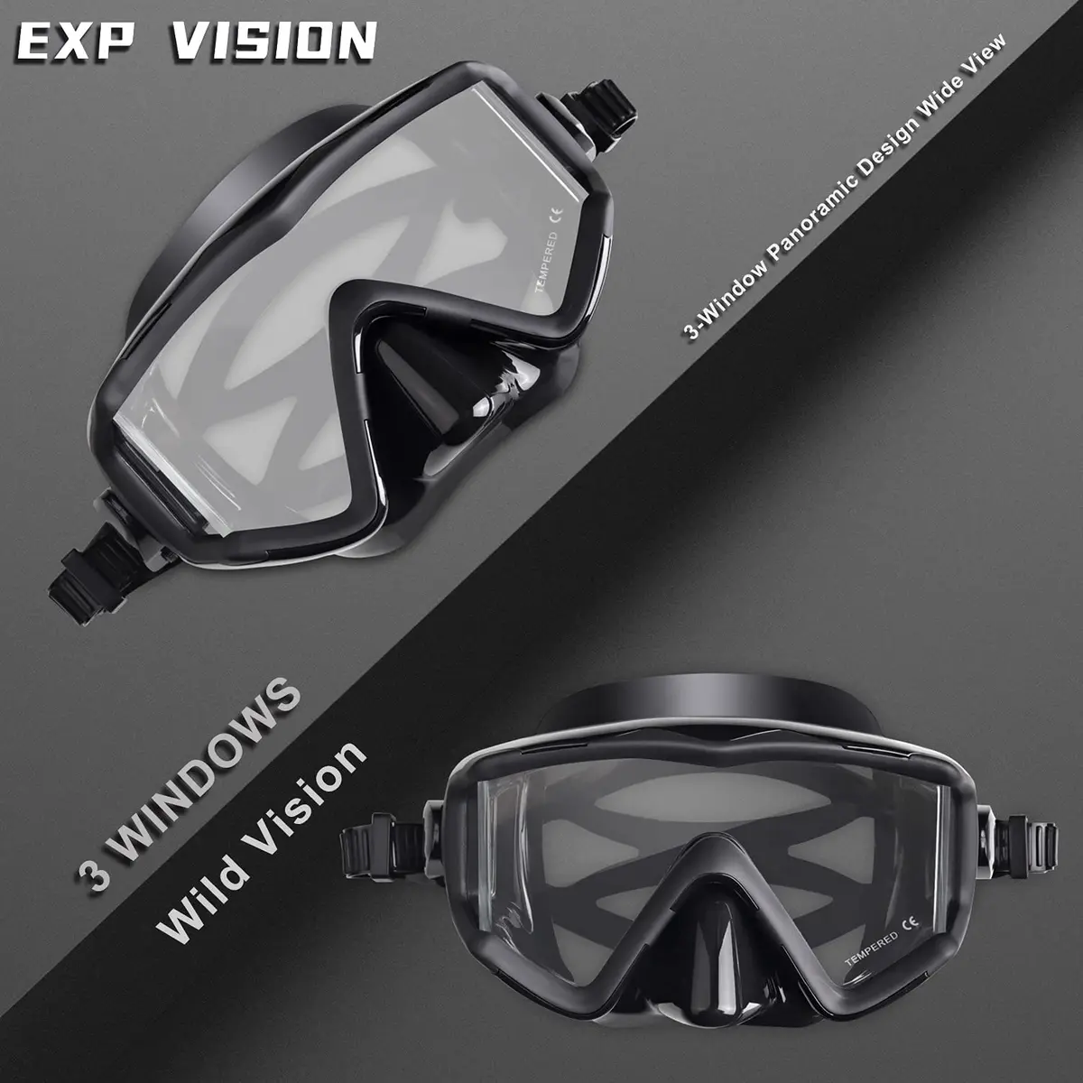 EXP VISION Pano 3 Window Scuba Diving Mask, Tempered Glass Snorkel Mask 280g (9.87 oz) | Wide View Anti-Fog Swim Mask - view 4