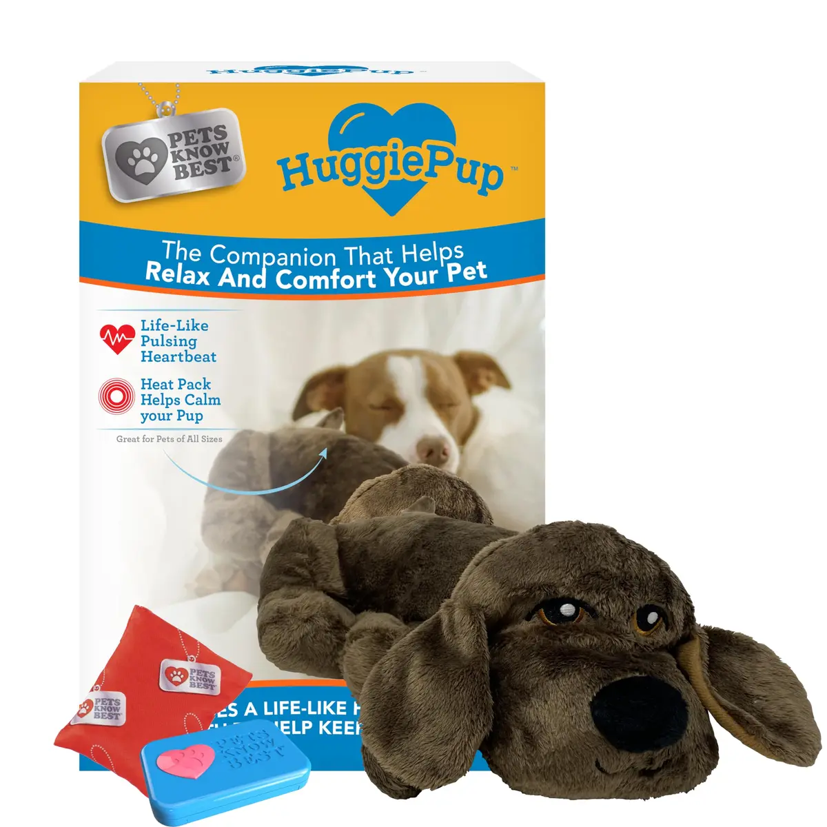 Pets Know Best HuggiePup Comfort Companion with Heartbeat & Heating | Calms Dogs & Puppies, Reusable, Chocolate - main product image