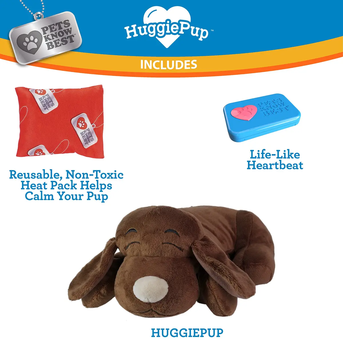 Pets Know Best HuggiePup Comfort Companion with Heartbeat & Heating | Calms Dogs & Puppies, Reusable, Chocolate - view 3
