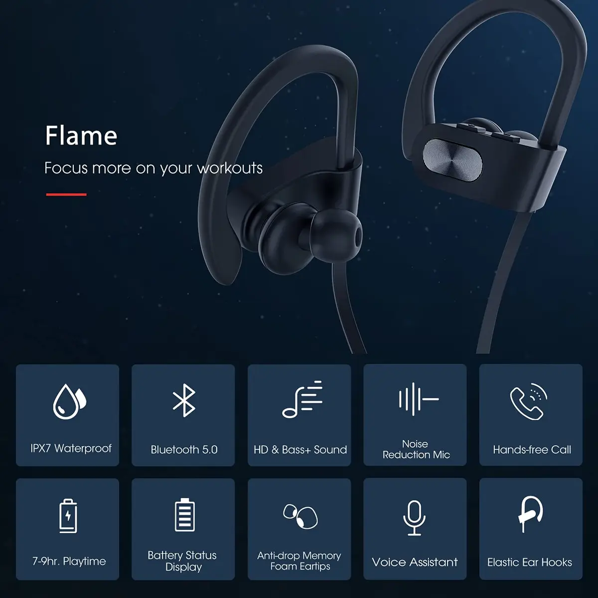 Redzoo Flame Wireless Bluetooth 5.0 Earbuds | 16 Hrs Playtime, IPX7 Waterproof, Secure Fit - view 2
