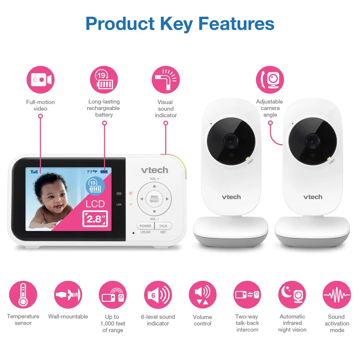 VTech VM819-2 Baby Monitor with 2 Cameras – 19-Hour Battery, 1000ft Range | Secure FHSS Connection - view 2