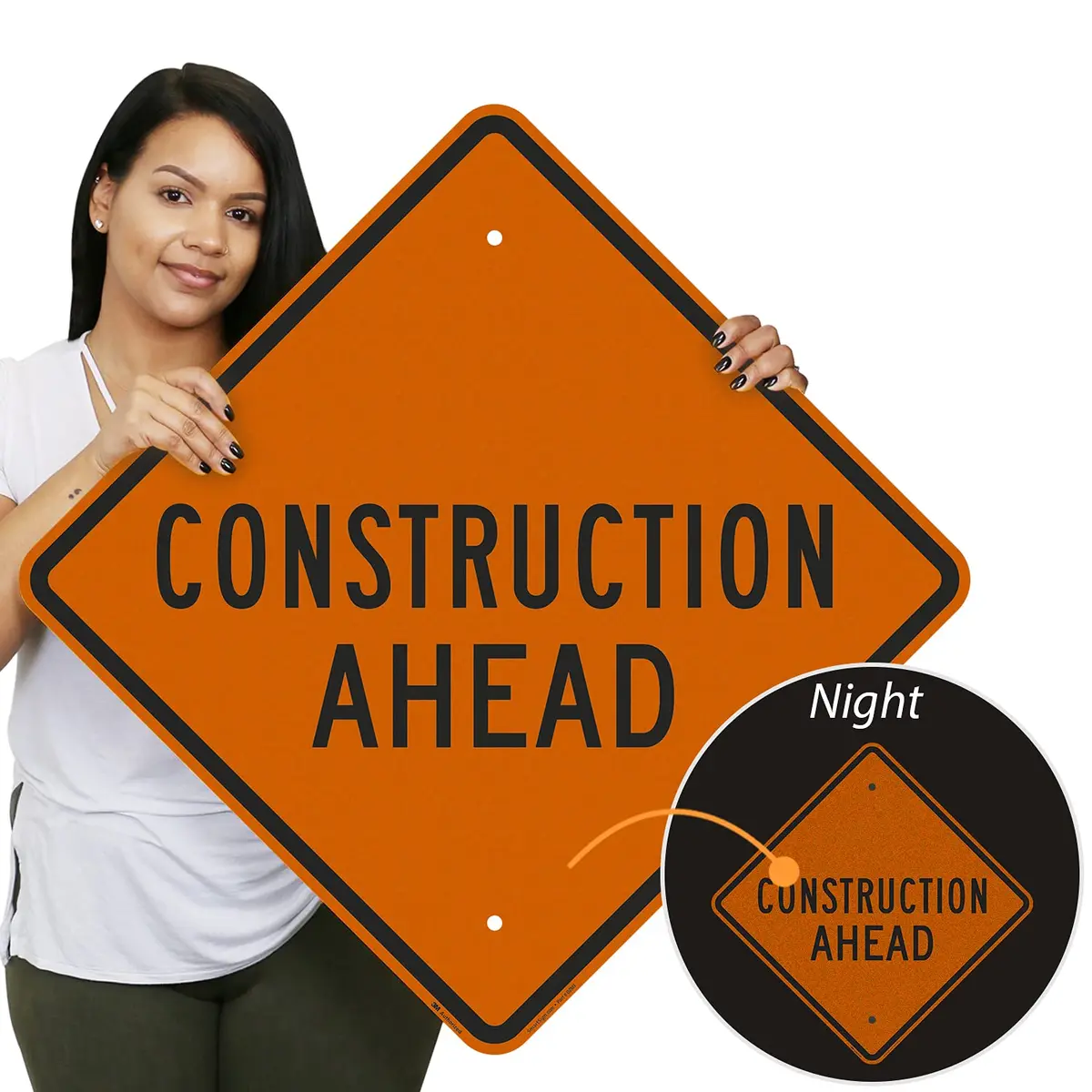 SmartSign 24 x 24 inch Construction Ahead Metal Sign, 80 mil Aluminum, 3M Laminated Reflective Sign, Black, Silver & Orange | Heavy-Duty Outdoor Safety Sign - view 2