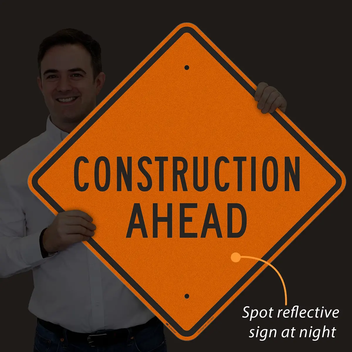 SmartSign 24 x 24 inch Construction Ahead Metal Sign, 80 mil Aluminum, 3M Laminated Reflective Sign, Black, Silver & Orange | Heavy-Duty Outdoor Safety Sign - view 3