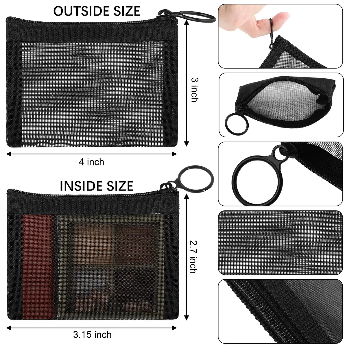 Frienda Black Mesh Zipper Pouches 7.6cm x 10.1cm (3 x 4 Inch) | Pack of 10 for Travel & Organization - view 2