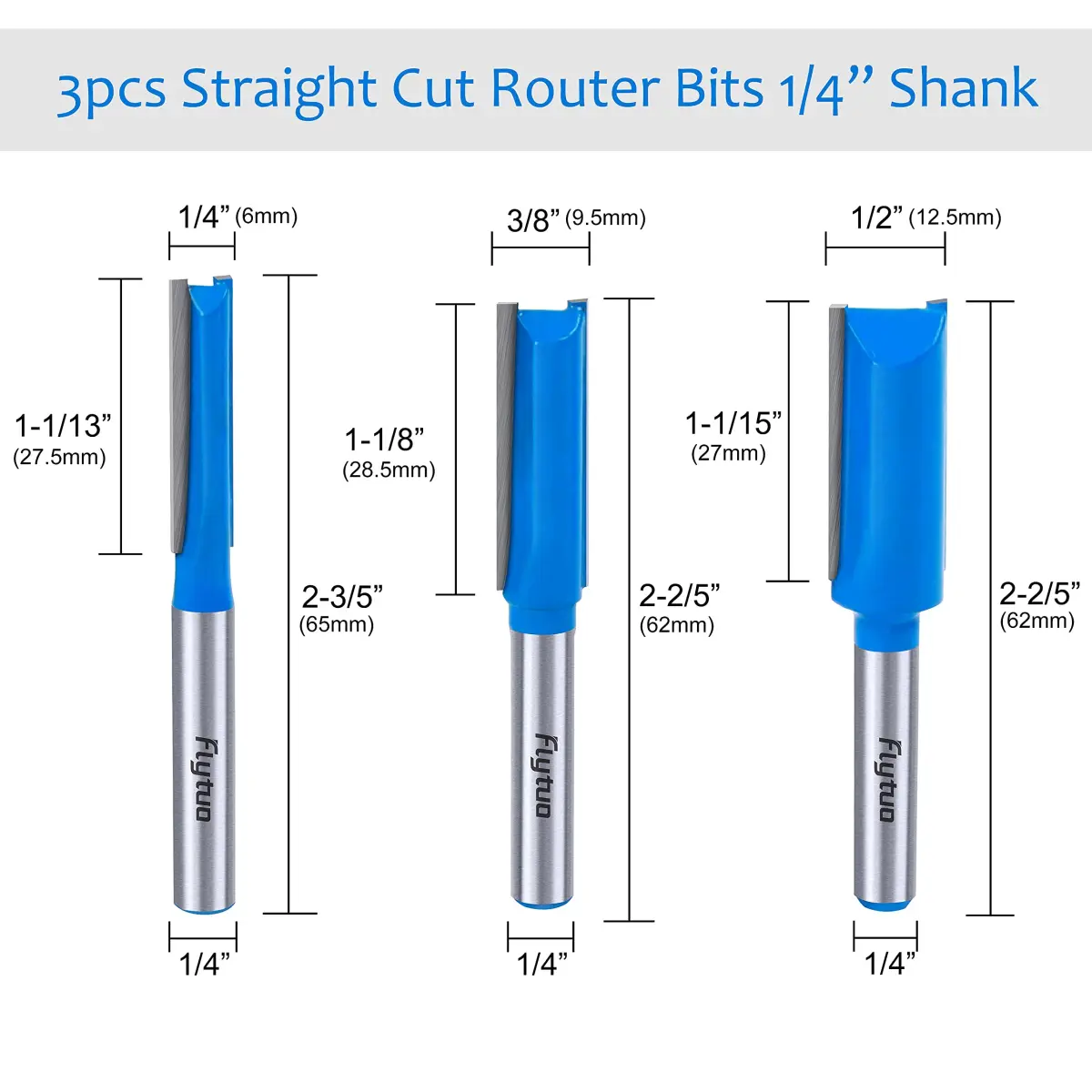 Flytuo Straight Dado Cut Router Bit Set 1/4" Shank, 3PCS Double Flute Plywood Straight Cut Router Bit Set | Create Groove, Dado with Diameter 1/4", 3/8", 1/2" - view 2