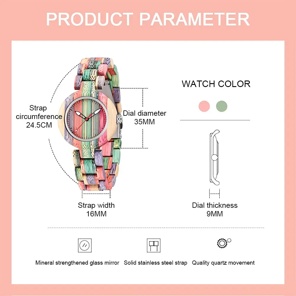 Dentily Wooden Watch for Women Handmade Colorful Quartz | Eco-Friendly Natural Wood (35mm Dial, Adjustable Band) - view 4