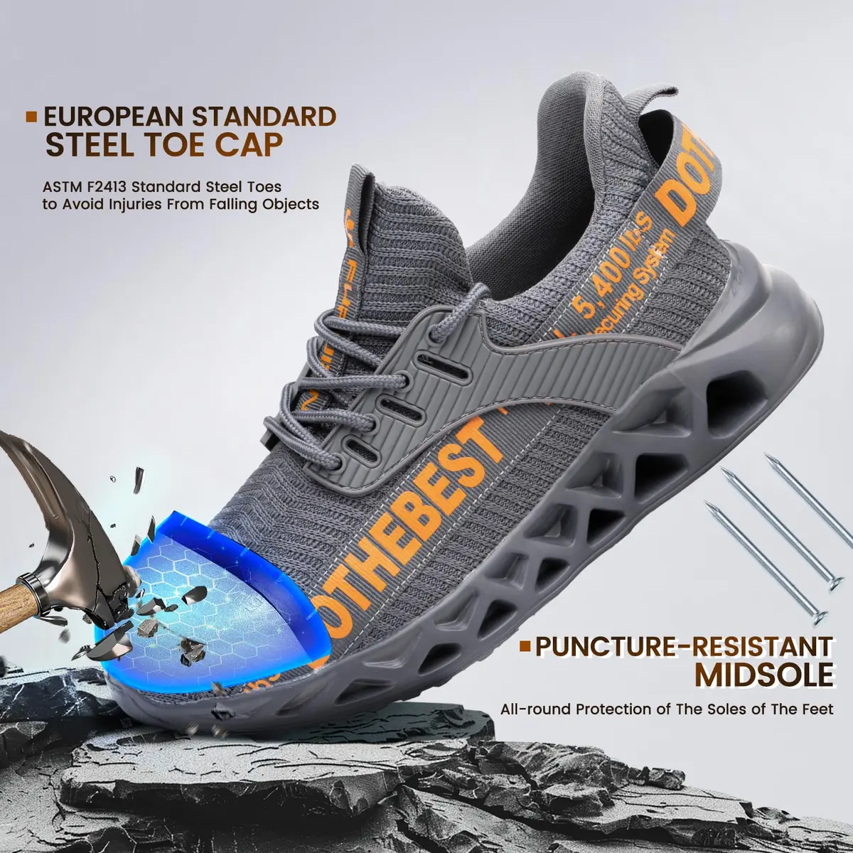 Furuian Steel Toe Shoes for Men Women | Slip-On Safety Work Shoes 6 Men/5.5 Women (Grey) - view 4