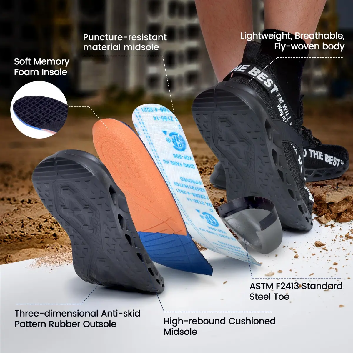 Furuian Steel Toe Shoes for Men Women | Slip-On Safety Work Shoes 6 Men/5.5 Women (Grey) - view 6
