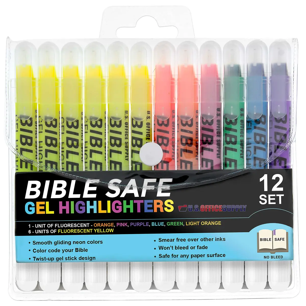 US Office Supply Bible Safe Highlighter Set of 12 | No Bleed Pastel Markers for Bible Study - main product image