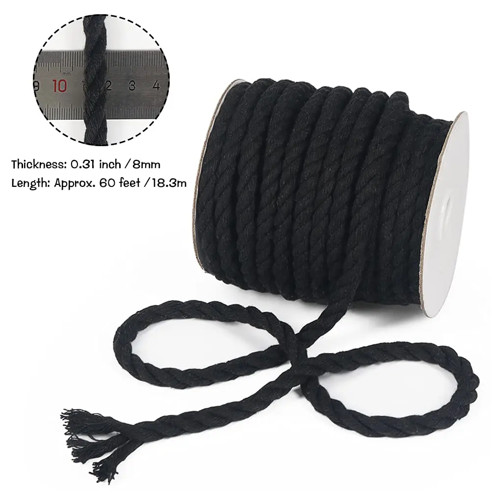 Tenn Well Black Macrame Cord 8mm (5/16 inch) x 18m (59 Feet) | Strong 3-Ply Twisted Cotton Rope for Crafts - view 4