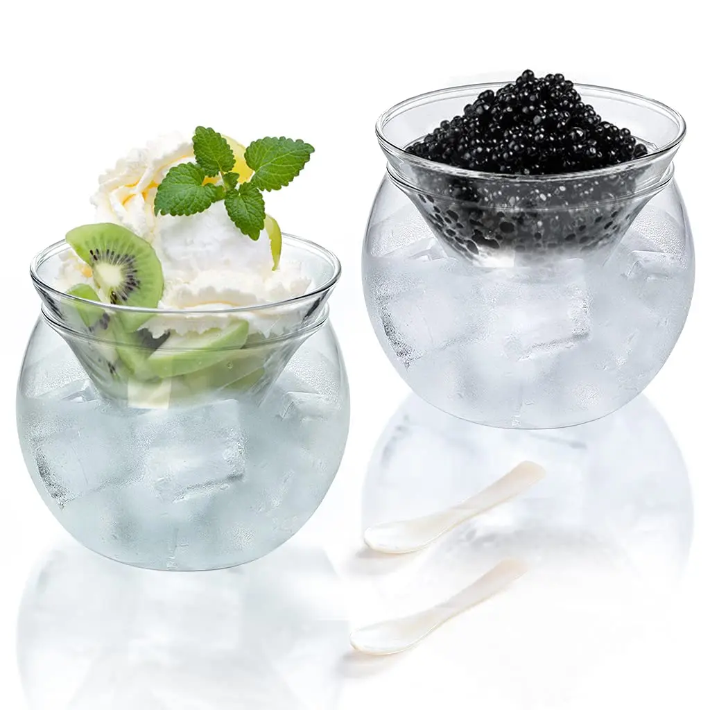 MDLUU 2-Pack Glass Caviar Chiller Server with Mother of Pearl Spoon, 16.9 oz (499 ml) Ice Bowl - main product image