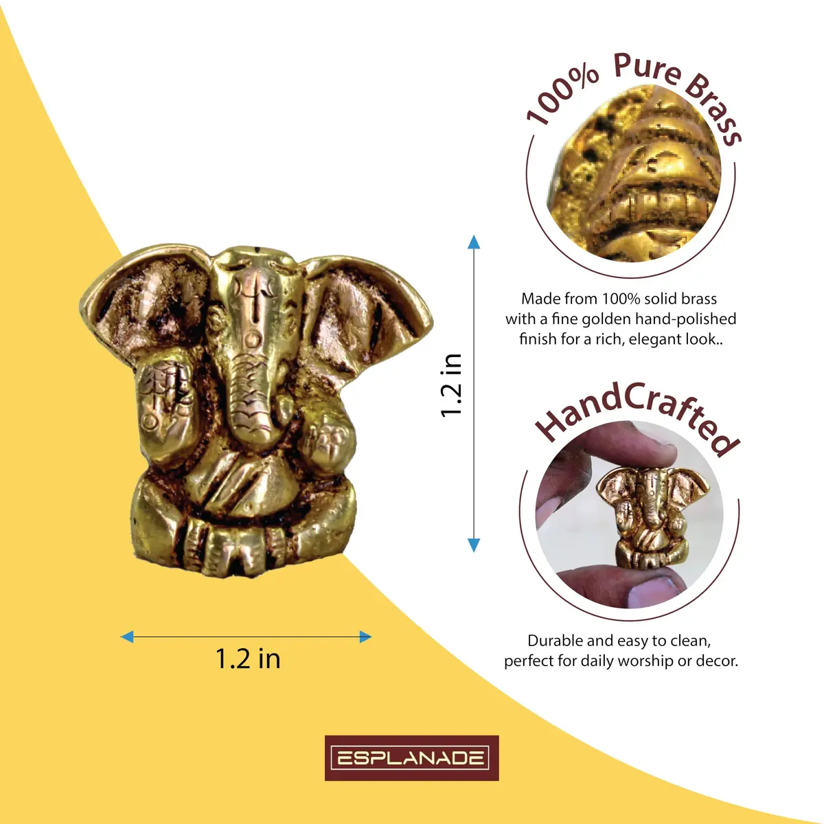 eSplanade Brass Ganesha Idol 3.5cm (1.38") | Handmade for Car Dashboard & Desk Decor - view 2