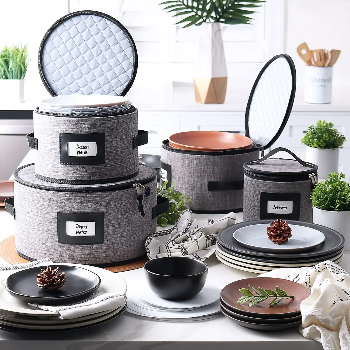 STORAGEBUD Fine China Storage Containers Hard Shell 4 Piece | Stackable Dish Organizer with Dividers - view 6