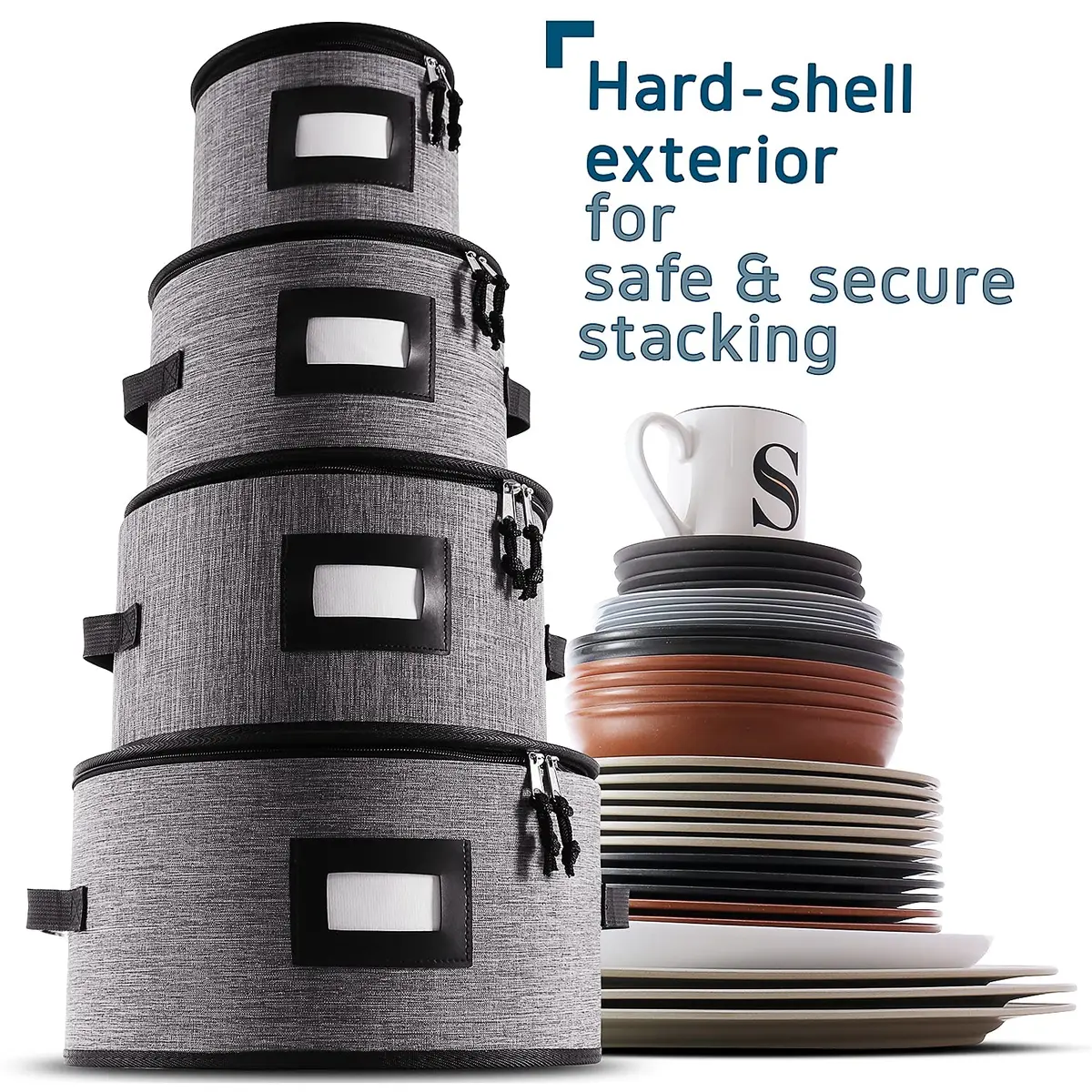 STORAGEBUD Fine China Storage Containers Hard Shell 4 Piece | Stackable Dish Organizer with Dividers - view 4
