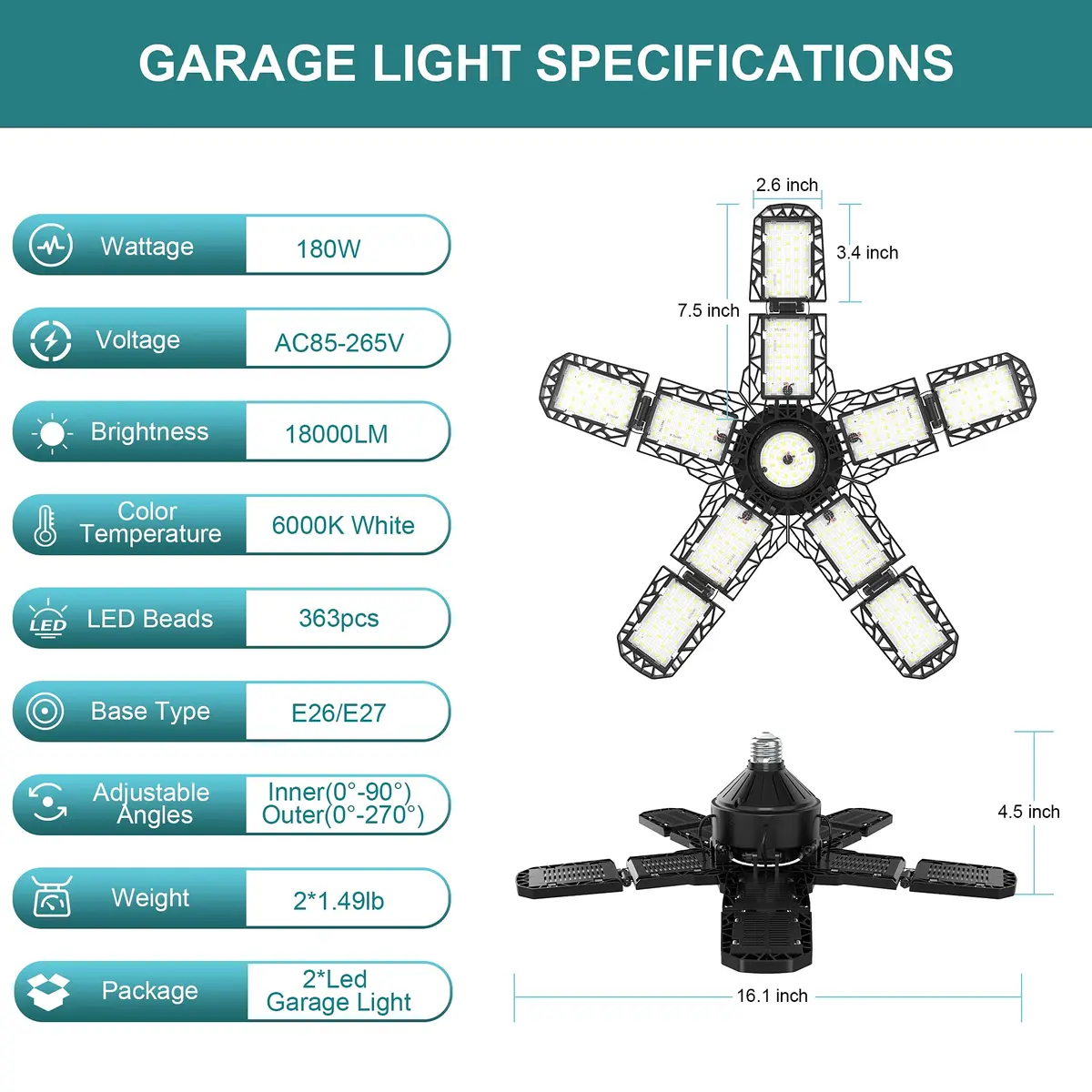 Nexillumi 2-Pack Led Garage Light 180W | 36,000LM Bright Ceiling LED with E26/E27 Base, 6000K Daylight, Adjustable Panels for Garage & Workshop - view 7