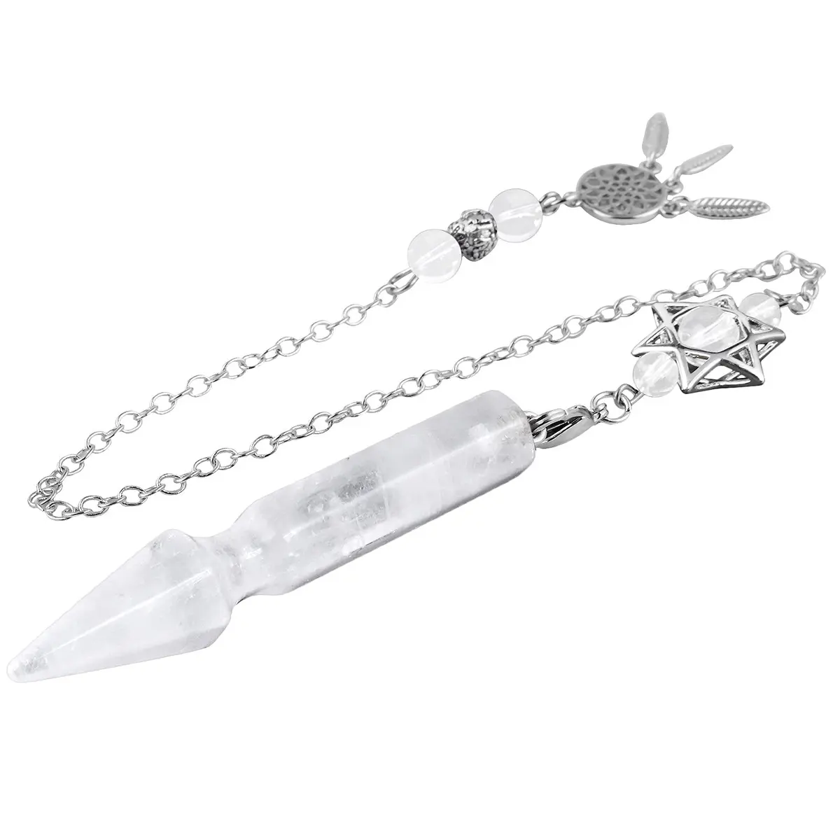 SUNYIK Rock Quartz Healing Crystal Point Pendulum for Dowsing Divination | Hexagonal Star & Dreamcatcher Necklace - main product image