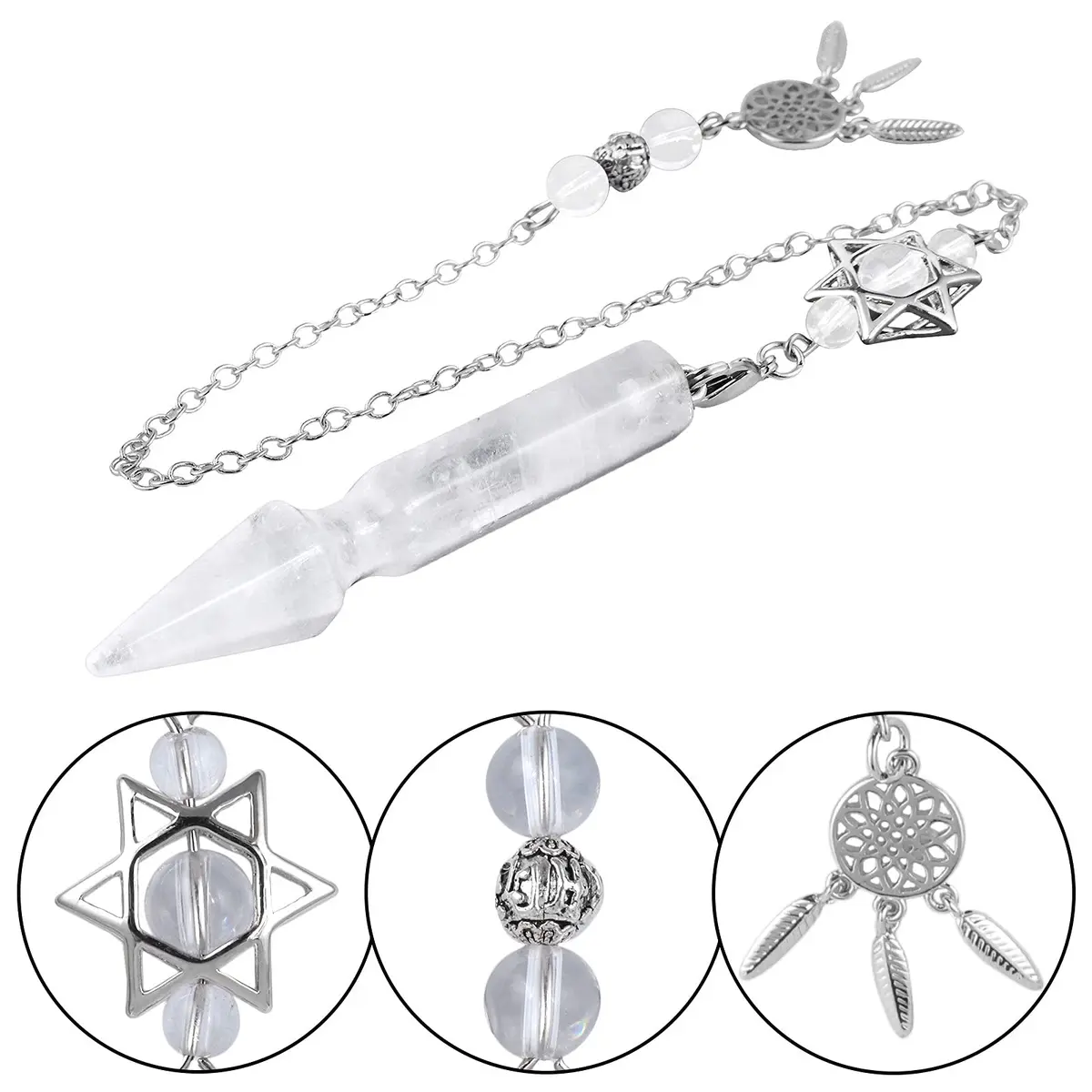 SUNYIK Rock Quartz Healing Crystal Point Pendulum for Dowsing Divination | Hexagonal Star & Dreamcatcher Necklace - view 4