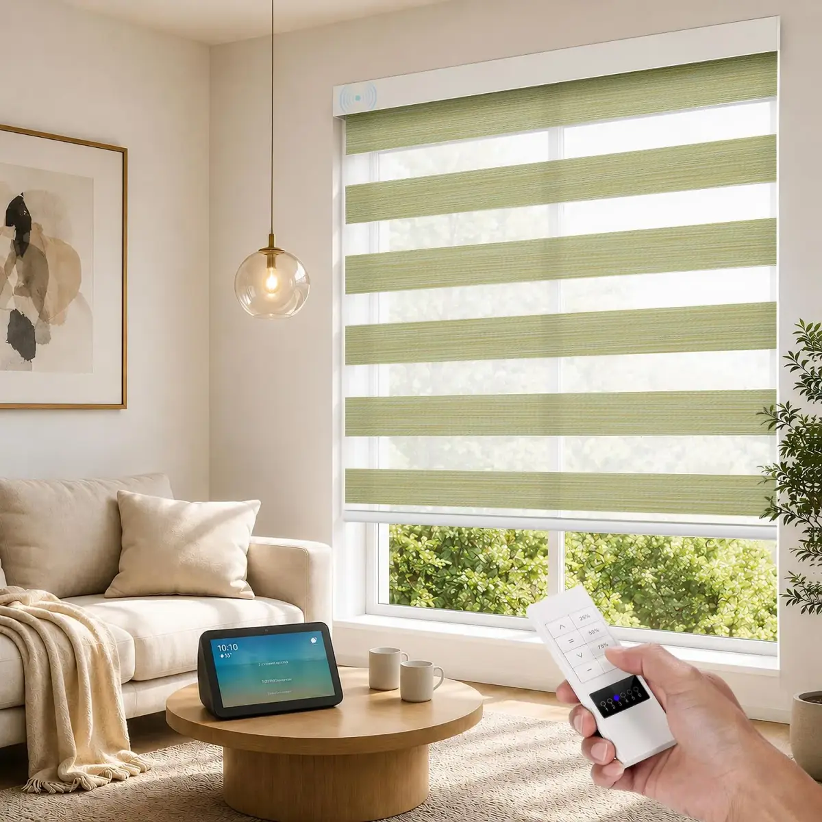 ACMEART Motorized Light Filtering Zebra Blinds with Remote, Lemon Green | Smart Window Shades for India - main product image