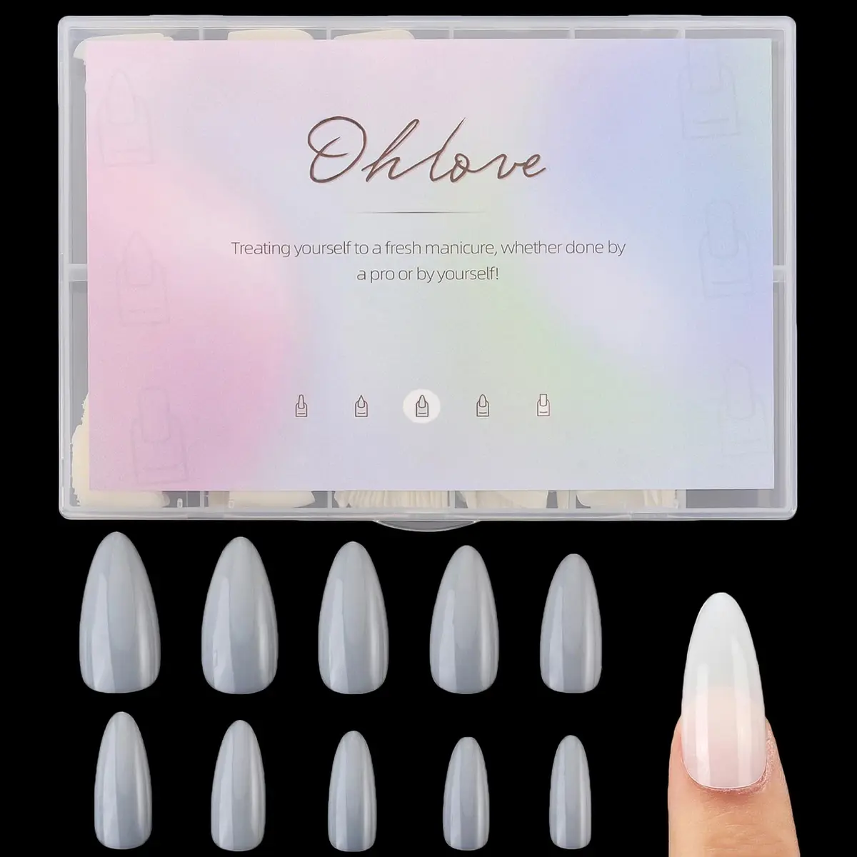 Ohlove False Nail Tips 500Pcs Medium Almond Full Cover Clear Acrylic Nails for DIY Nail Art, 10 Sizes - main product image