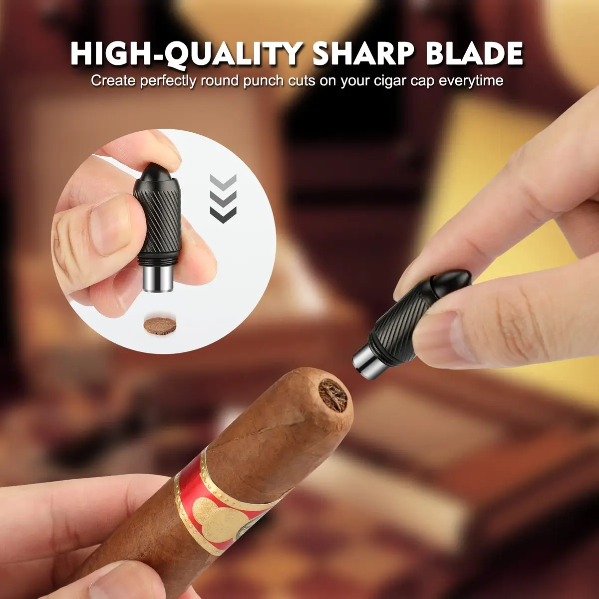 TISFA Portable Cigar Punch Cutter with 8mm Hole, Stainless Steel, Black | Screw-Out Design for Easy Carry - view 2