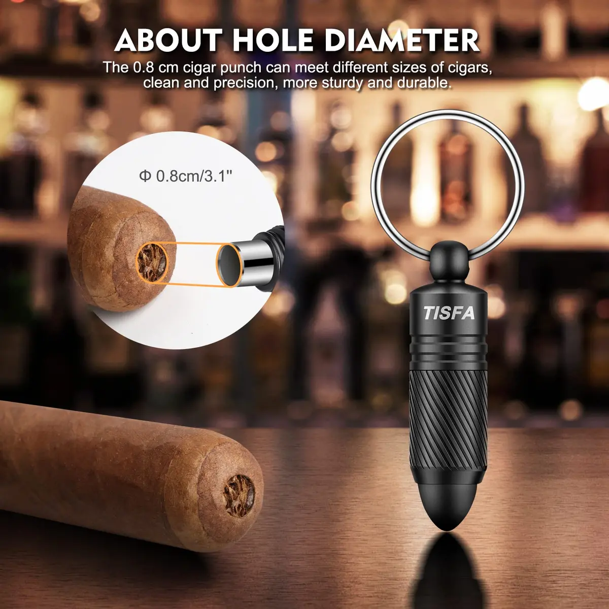 TISFA Portable Cigar Punch Cutter with 8mm Hole, Stainless Steel, Black | Screw-Out Design for Easy Carry - view 3