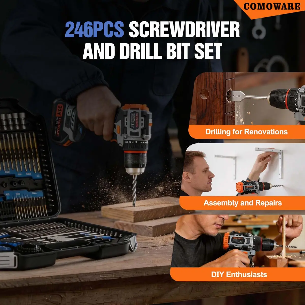 COMOWARE 246-Piece Drill Bit and Screwdriver Set | For Wood, Metal, Masonry, Cement & Screws - view 7