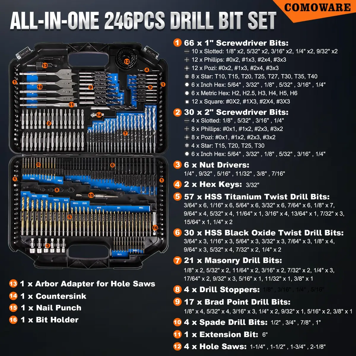 COMOWARE 246-Piece Drill Bit and Screwdriver Set | For Wood, Metal, Masonry, Cement & Screws - view 2