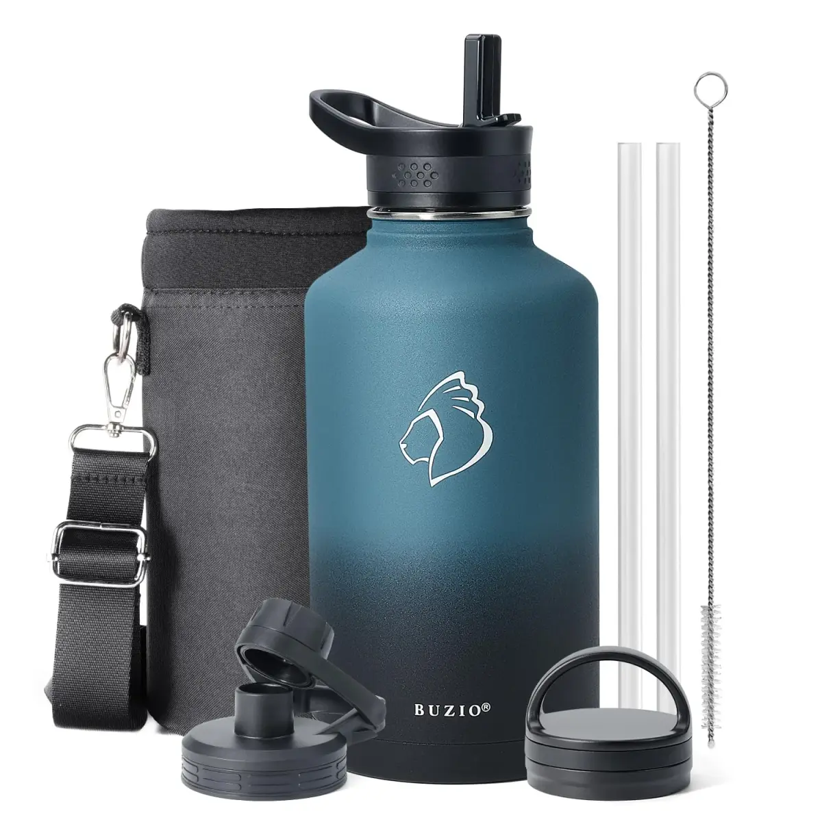 BUZIO 1.89 L (64 oz) Insulated Water Jug with 3 Lids & Straws | Keeps Cold 48 Hrs, Hot 24 Hrs - main product image