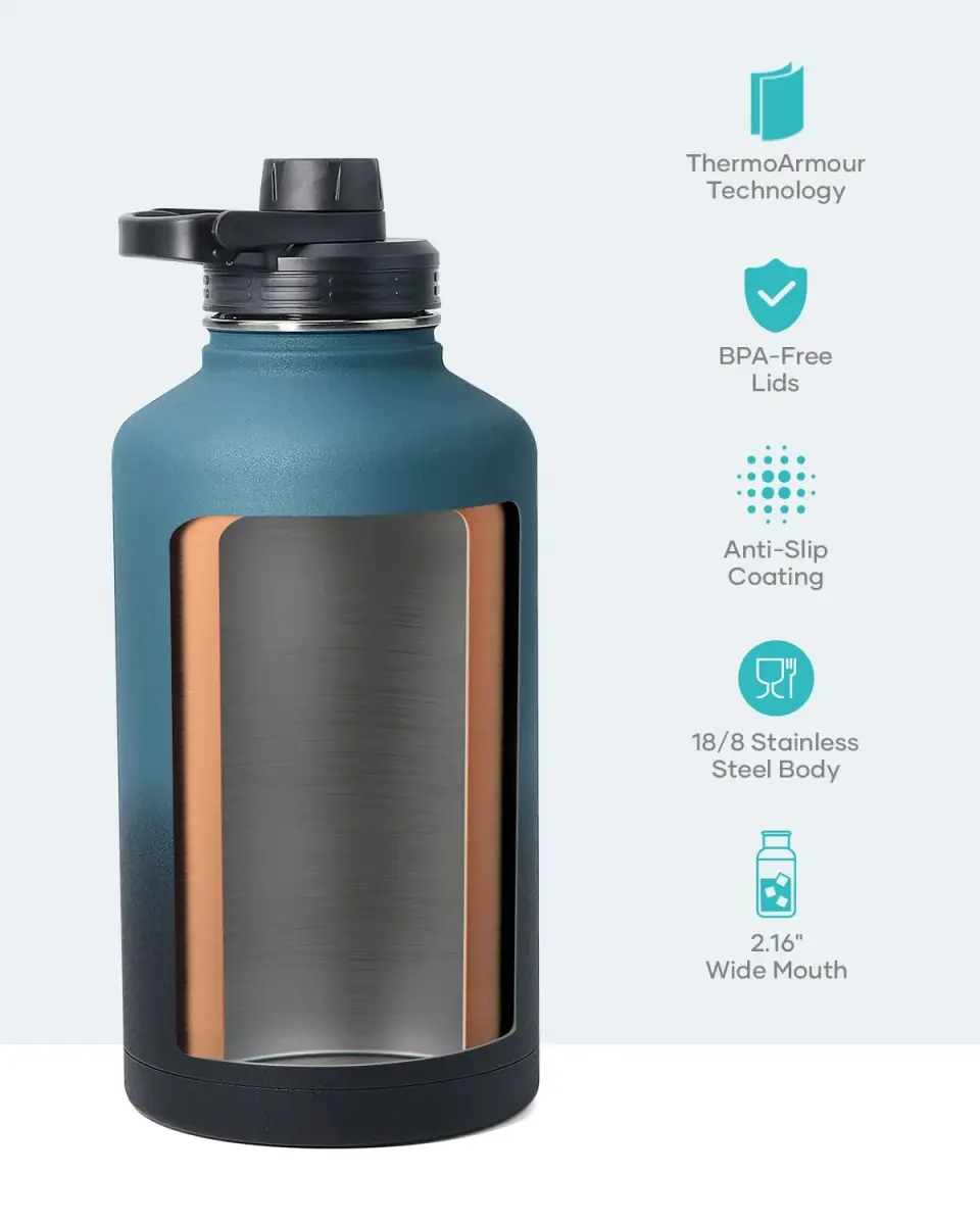 BUZIO 1.89 L (64 oz) Insulated Water Jug with 3 Lids & Straws | Keeps Cold 48 Hrs, Hot 24 Hrs - view 4