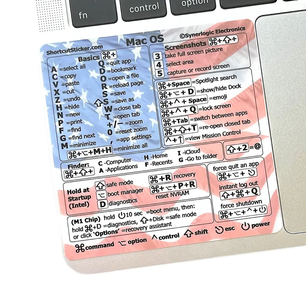 Synerlogic Mac OS Shortcuts Sticker for MacBook Air & Pro | Laminated Vinyl macOS Cheatsheet | Keyboard Shortcuts 2026 (US Flag) - main product image