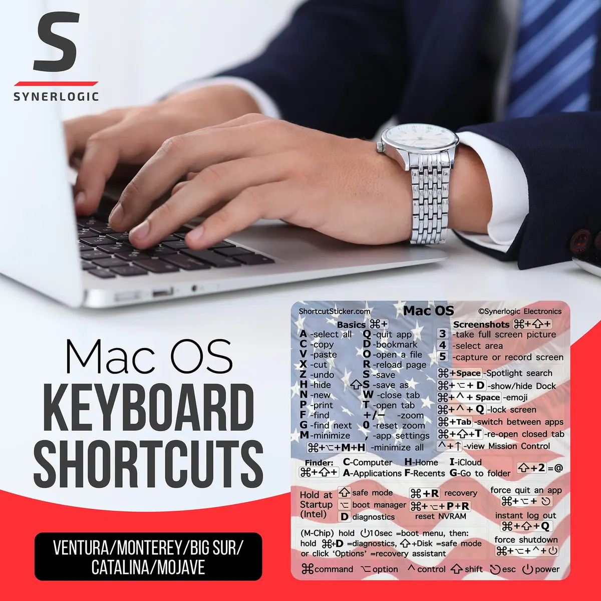 Synerlogic Mac OS Shortcuts Sticker for MacBook Air & Pro | Laminated Vinyl macOS Cheatsheet | Keyboard Shortcuts 2026 (US Flag) - view 2