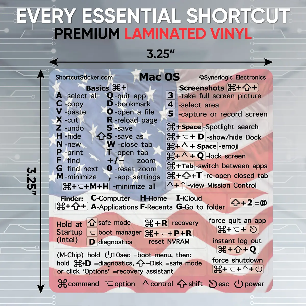 Synerlogic Mac OS Shortcuts Sticker for MacBook Air & Pro | Laminated Vinyl macOS Cheatsheet | Keyboard Shortcuts 2026 (US Flag) - view 4