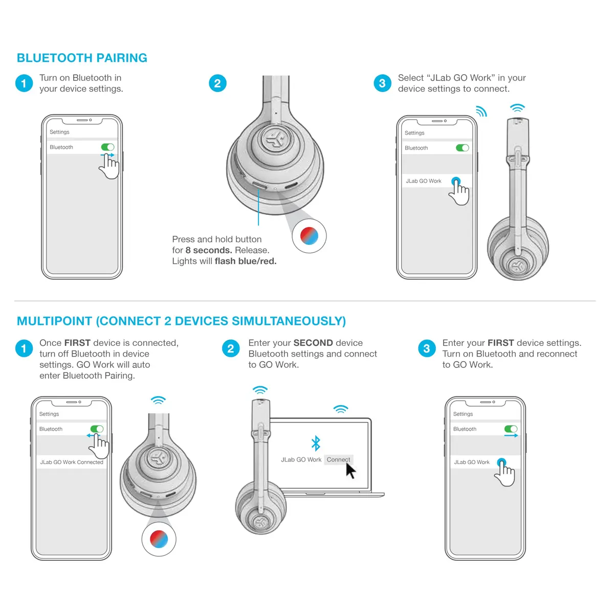 JLab Go Work Wireless Headset with Microphone | 45+ Hour Playtime, Bluetooth Multipoint, Wired/Wireless - view 7