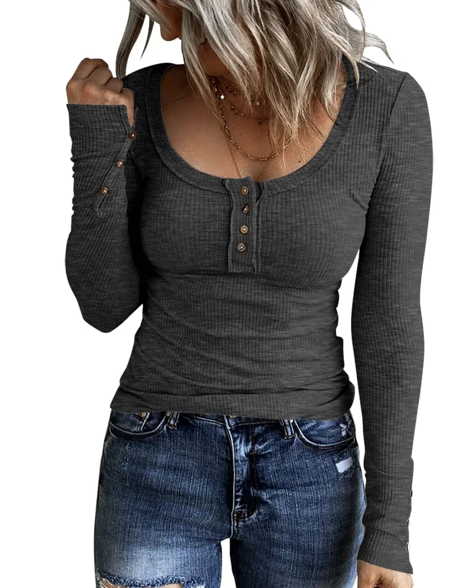 KINLONSAIR Women Long Sleeve Henley Shirts Scoop Neck T-shirt Basic Tops | Breathable, Slim Fit, Adjustable Neck, Casual Style - main product image