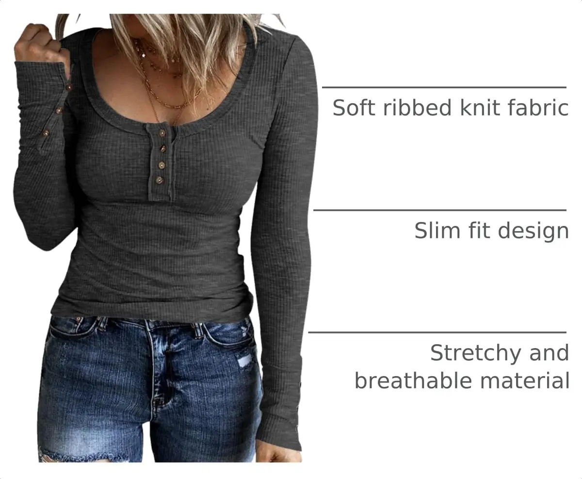 KINLONSAIR Women Long Sleeve Henley Shirts Scoop Neck T-shirt Basic Tops | Breathable, Slim Fit, Adjustable Neck, Casual Style - view 3