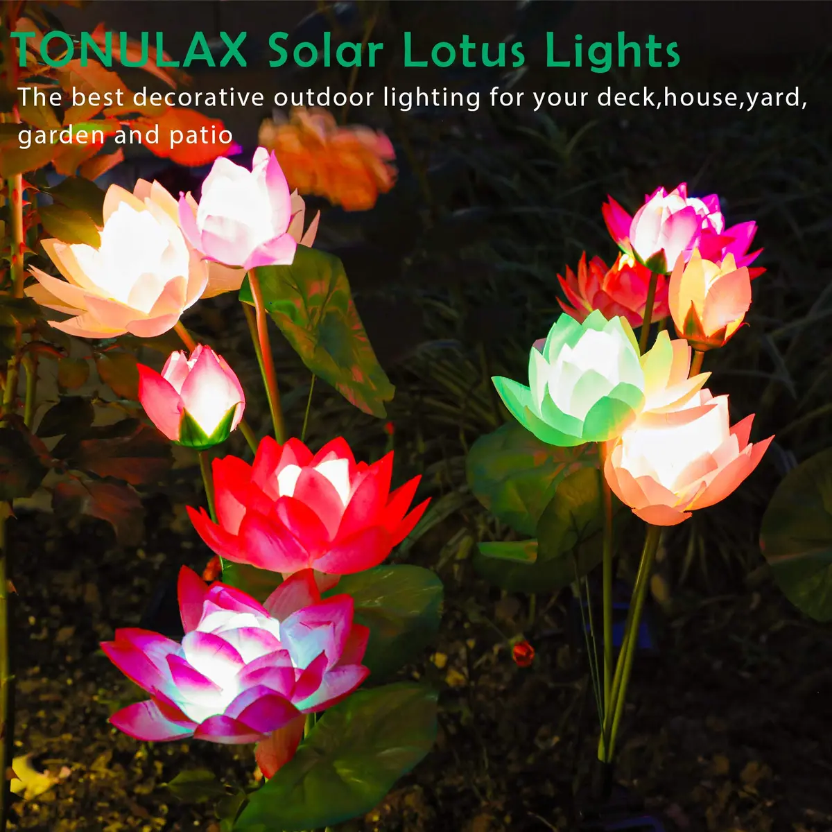 TONULAX Solar Garden Lights Lotus Flower 4 Pack | 7 Color Changing Outdoor Path Lights - view 5