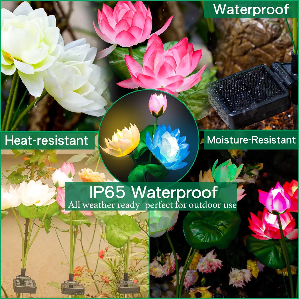 TONULAX Solar Garden Lights Lotus Flower 4 Pack | 7 Color Changing Outdoor Path Lights - view 3