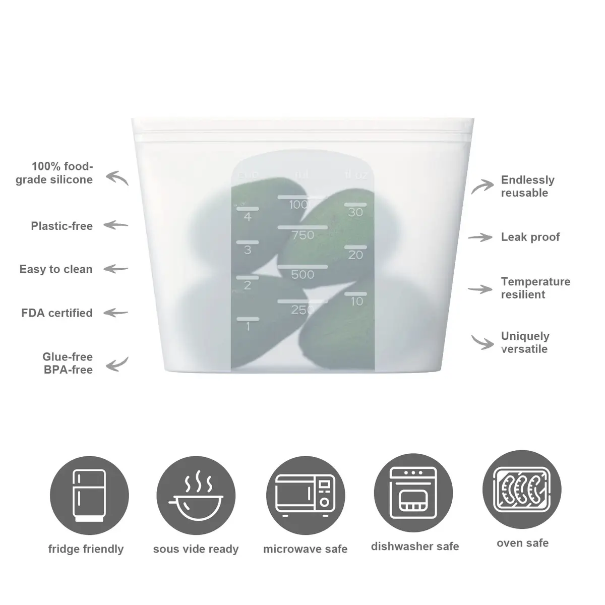 Winrock Reusable Silicone Food Storage Bags 1000ml (32oz) | Airtight, Leak-Proof Zip Seal Containers (2-Pack, White) - view 2