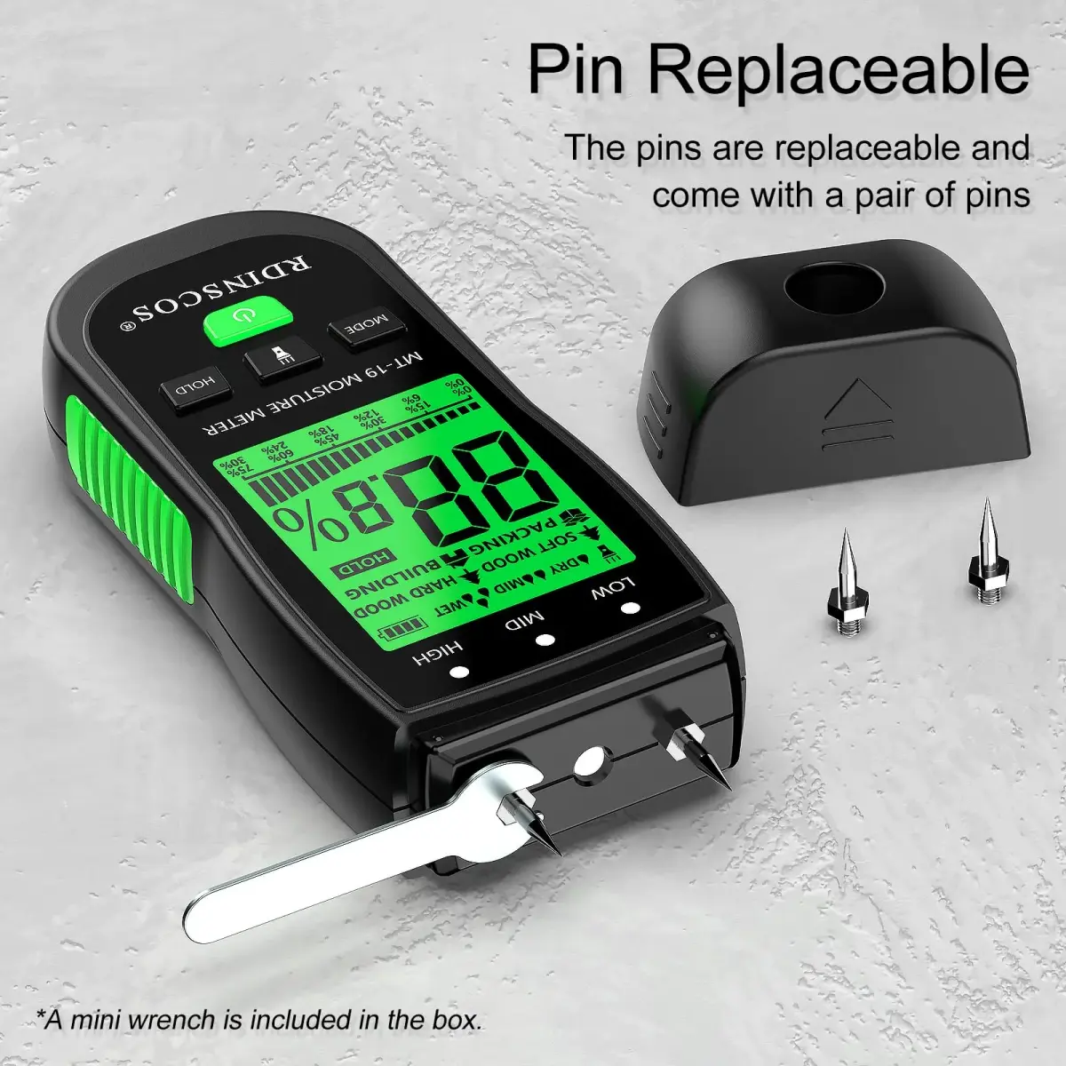 RDINSCOS Pin-Type Wood Moisture Meter with Backlit LCD & Extra Pins | 12cm (4.72in) Length - view 6