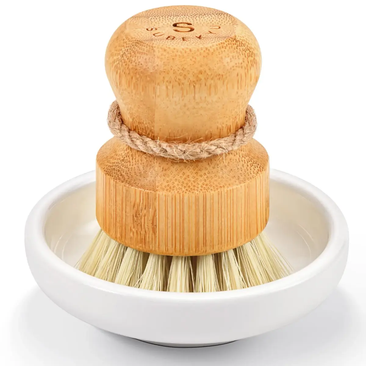 SUBEKYU Bamboo Dish Scrub Brush with Ceramic Base & Sisal Bristles | Natural Kitchen Cleaning Tool - main product image