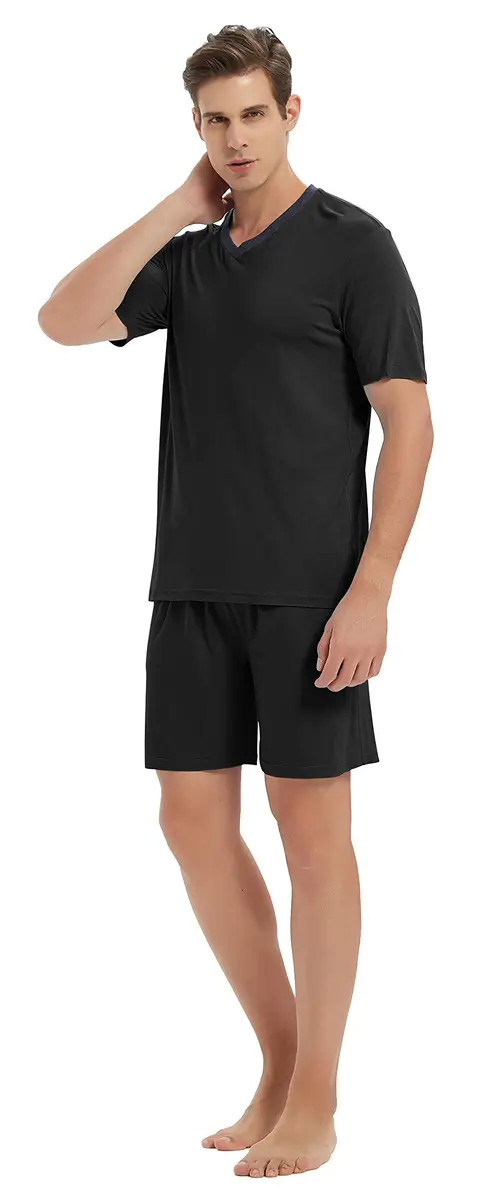 MoFiz Men's Pajama Set Short Sleeve T-Shirt Shorts Lightweight Soft Summer Casual 2 Piece Set Black XL | Elastic Waist & Moisture Wicking - view 7