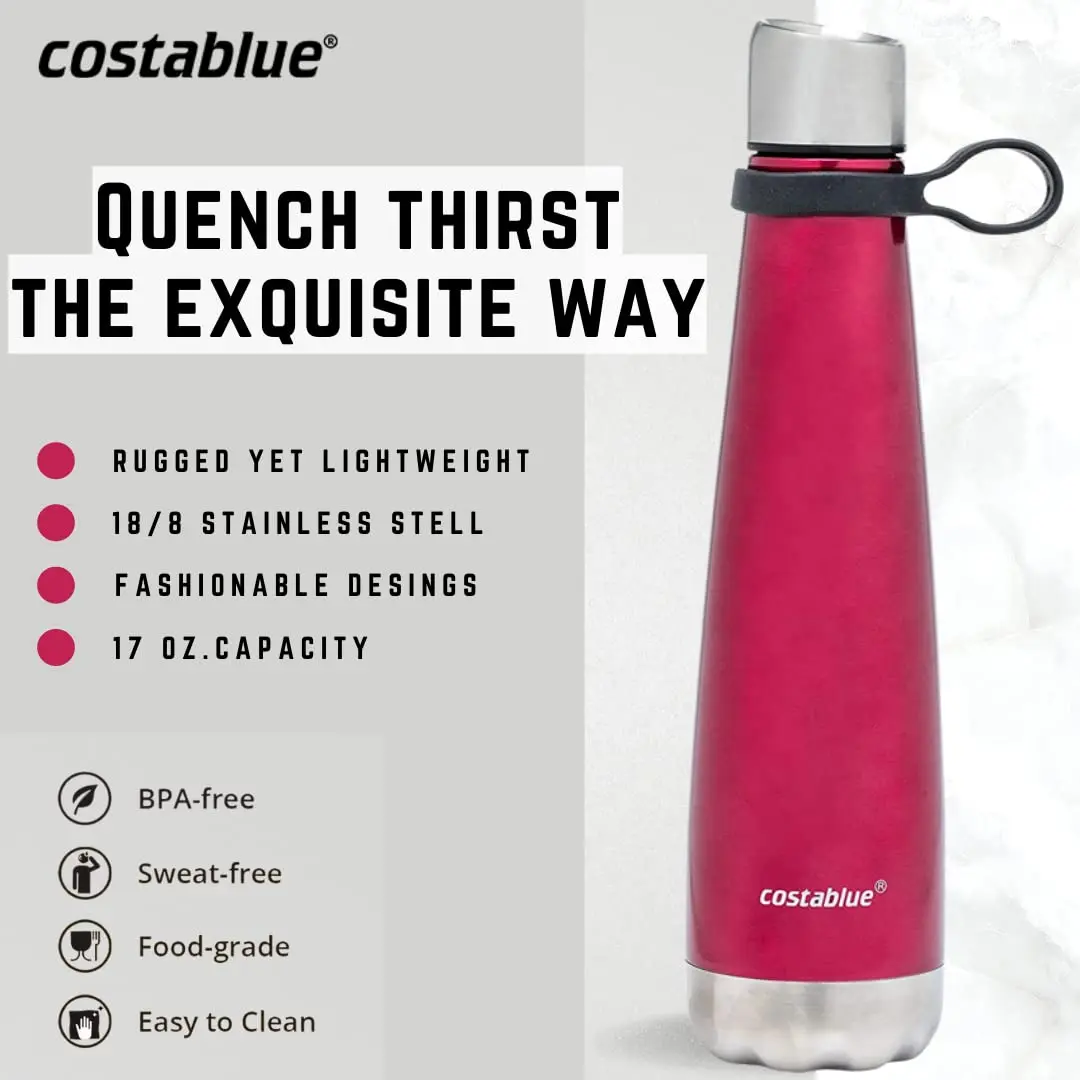 costablue insulated water bottle 17 oz | leak-proof travel thermos for hot & cold beverages - view 5
