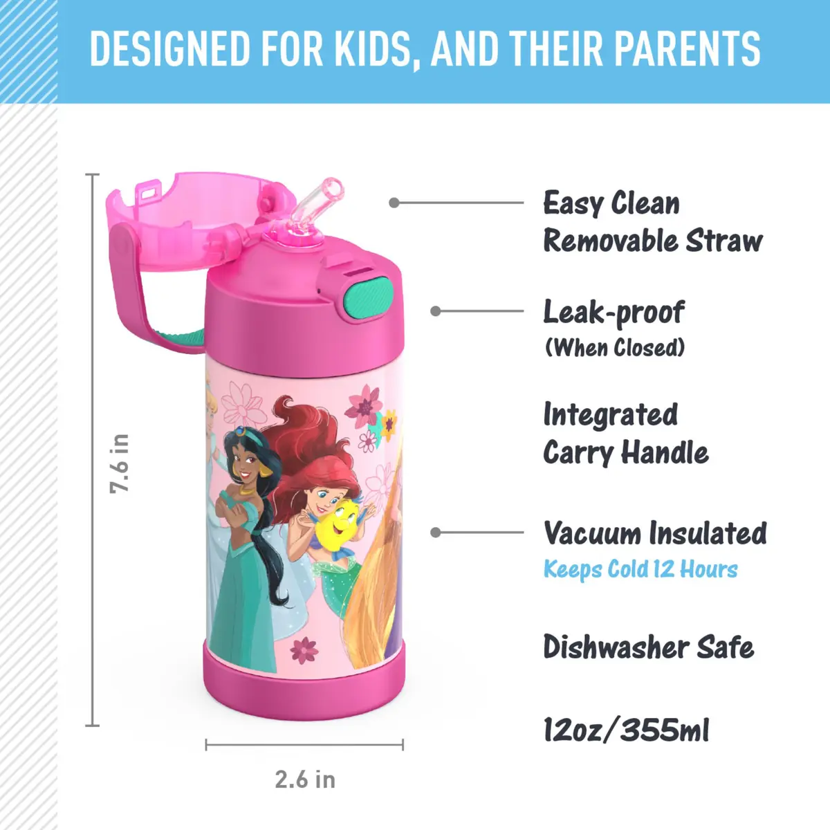 THERMOS FUNTAINER Princess Water Bottle with Straw, 355ml (12oz) | Keeps Drinks Cold for 12 Hours - view 2