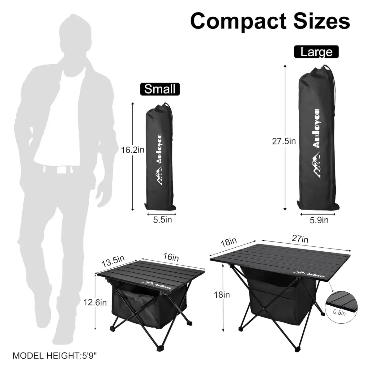 Audoyon Foldable Camping Side Table Black | Ultralight Aluminum Roll-Up Table with Carry Bag (16 inch Small) - view 2