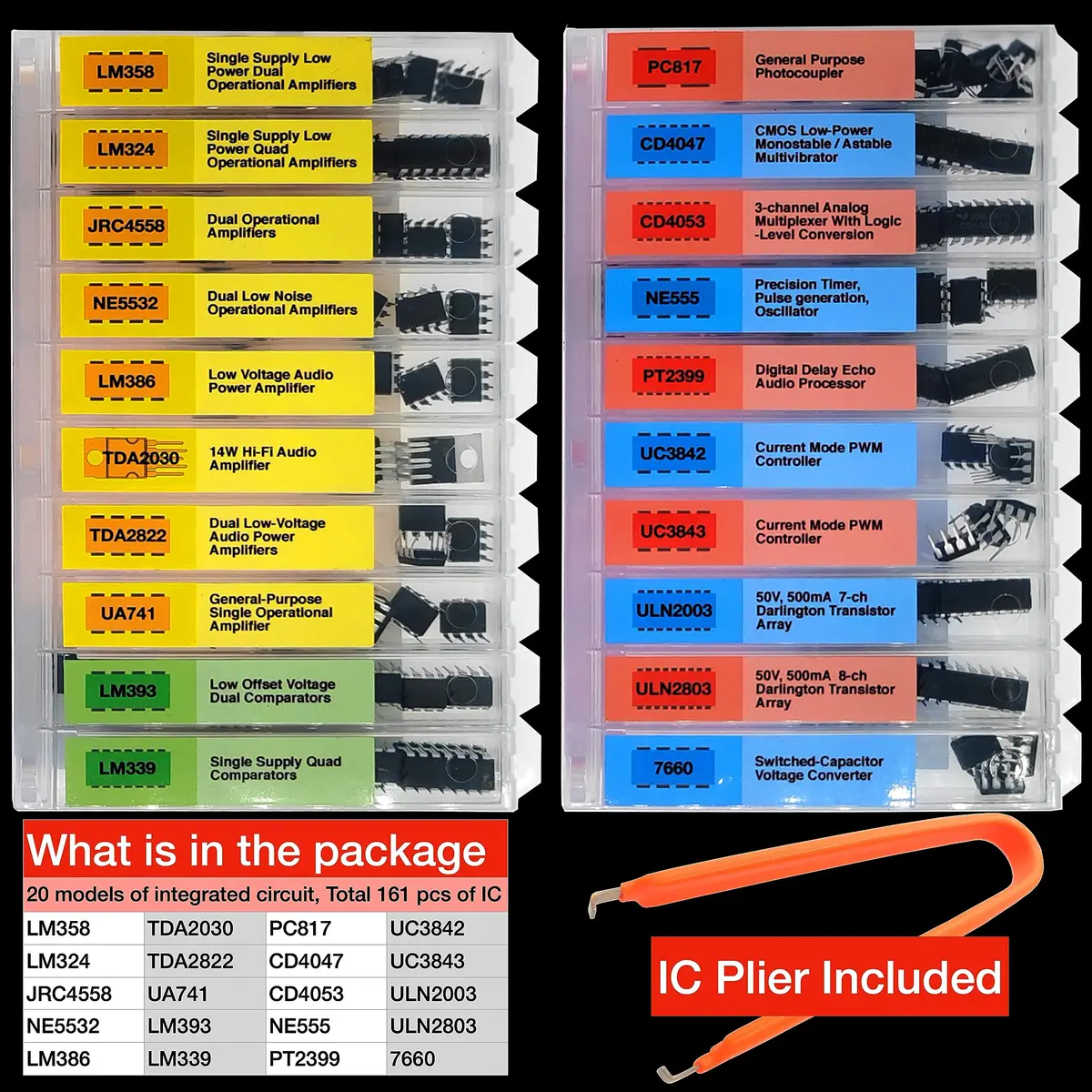 EEEEE IC Kit 161 pcs (20 Models) with IC Plier | Analog Integrated Circuits Electronics Parts Assortment Set - view 3